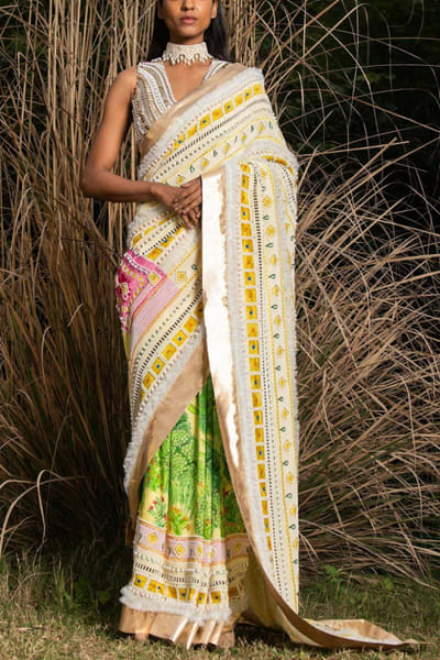 Saksham & Neharicka Yellow printed and embroidered sari set SNNJUNWS313