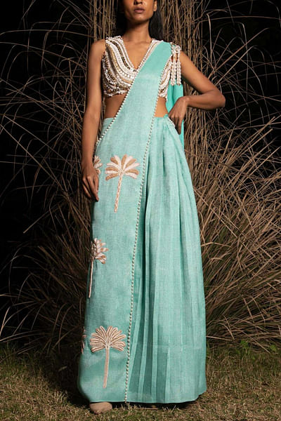 Blue cotton lurex sari set