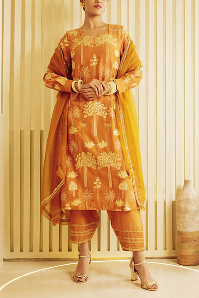 Ochre yellow embroidered kurta set