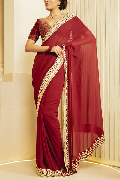 Maroon embroidered georgette sari