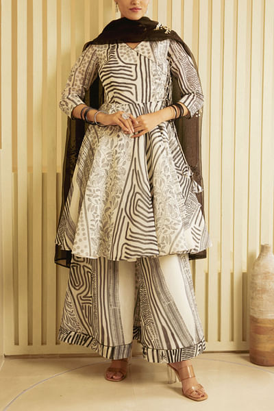 Black and white angrakha kurta set