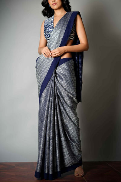 Indigo jacquard silk sari set