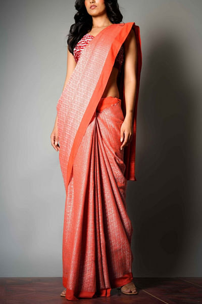 Red jacquard sari set