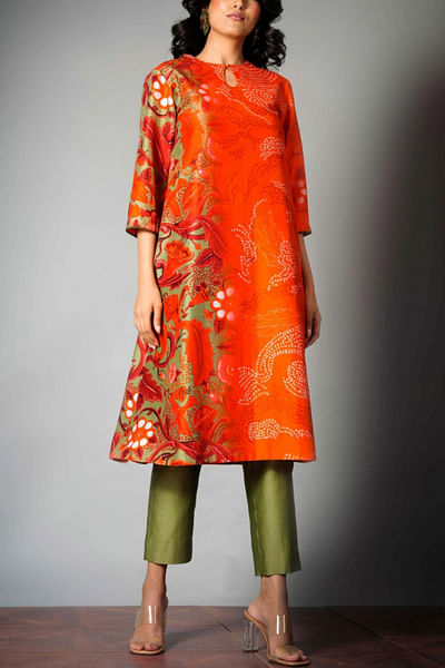 Red and olive kurta set
