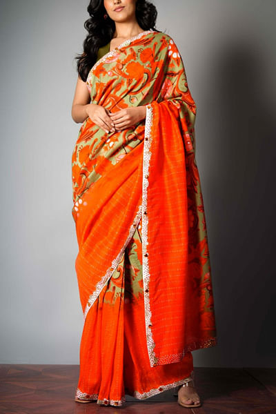 Red printed chanderi sari