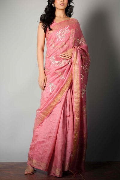 Pink tussar silk sari