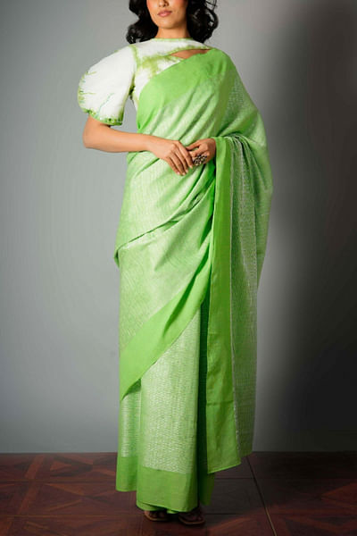 Green jacquard silk sari set