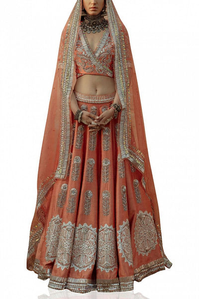 Coral embellished lehenga set