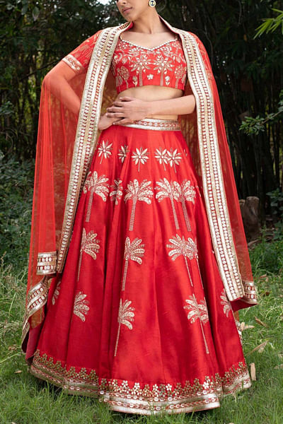 Red embroidered lehenga set