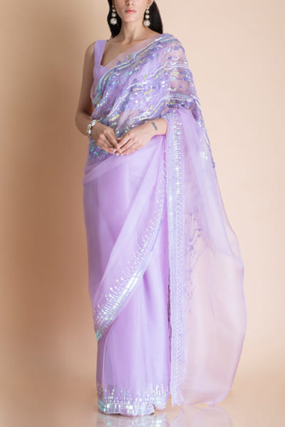 Lavender organza silk sari set