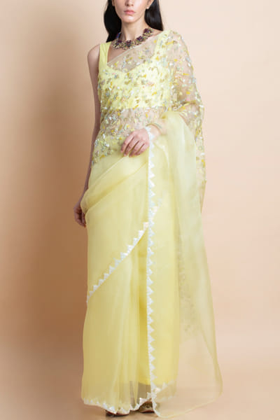 Lime yellow embroidered silk organza sari