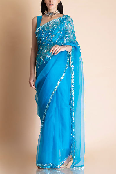Azure blue embroidered silk organza sari