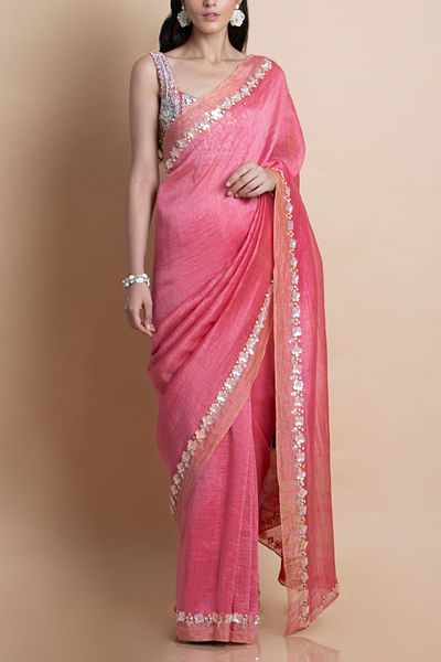 Pink embroidered linen silk sari