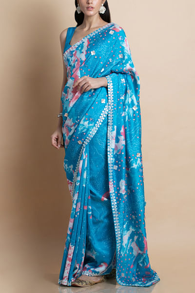 Aqua blue printed and embroidered sari