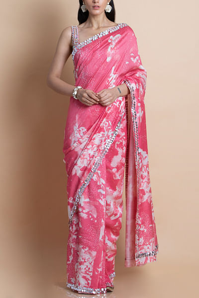 Pink printed and embroidered sari