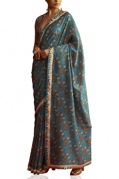 Blue printed and embroidered chanderi sari set