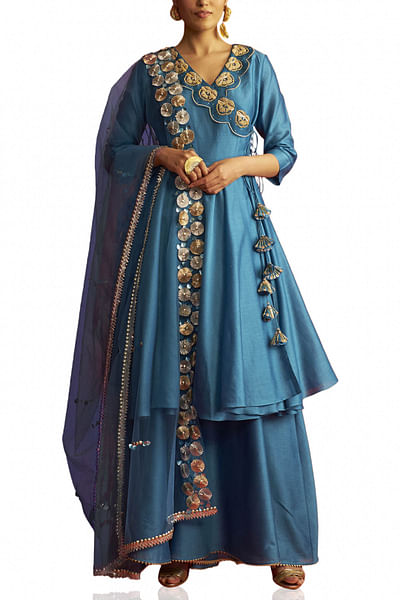 Blue embroidered angrakha kurta set