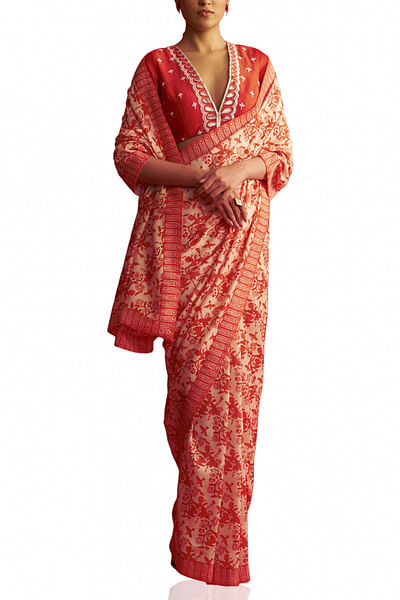 Ivory and red printed chanderi sari set