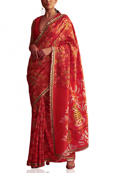 Red tiger printed sari set