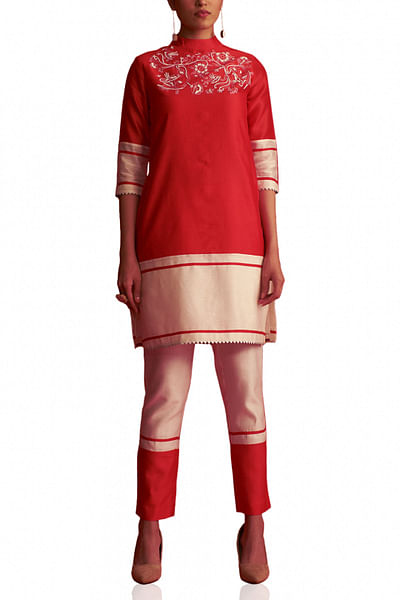 Red and ivory embroidered kurta set