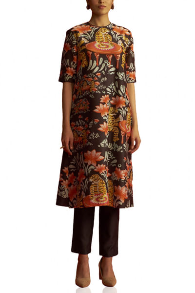 Black tiger printed kurta