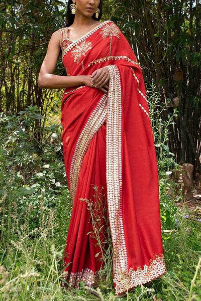 Red embroidered chanderi sari
