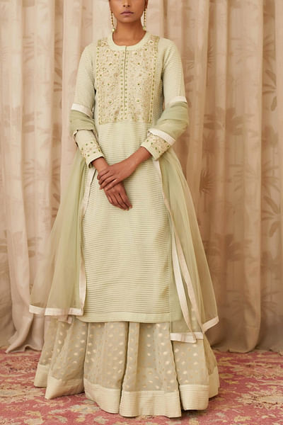 Mint green embroidered kurti lehenga set