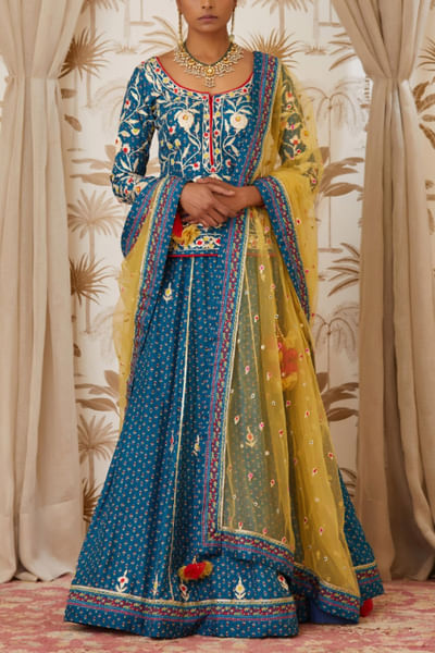 Teal blue embroidered kurta lehenga set