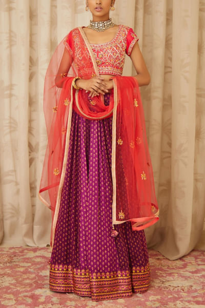 Red and purple embroidered lehenga set