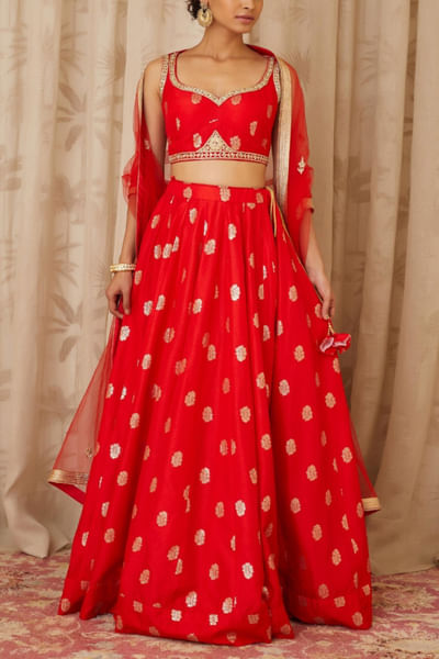 Red brocade silk embroidered lehenga set