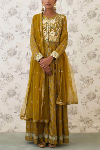 Olive embroidered anarkali set