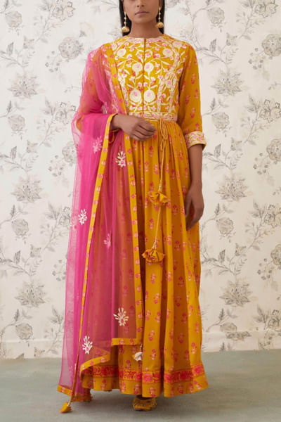 Mustard pink embroidered anarkali set