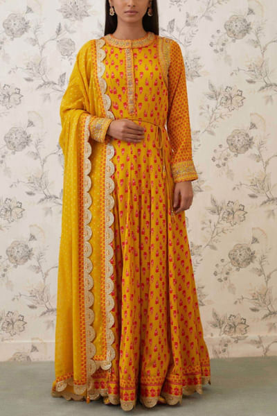Mustard orange embroidered anarkali set
