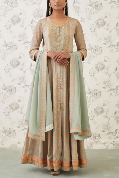 Light olive embroidered anarkali set