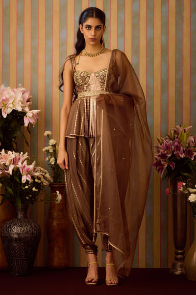 Cocoa brown embroidery peplum top and dhoti