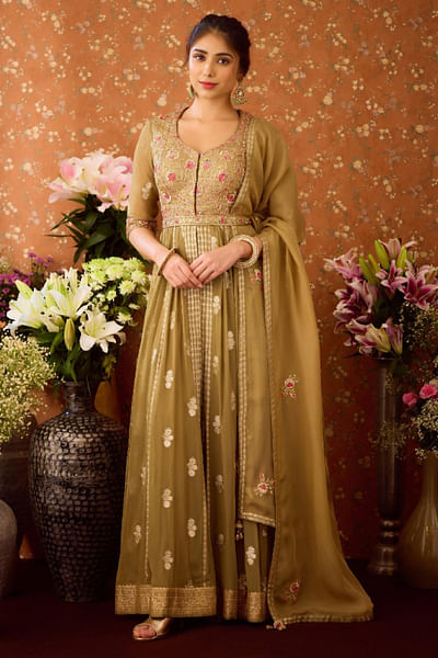 Gray green brocade anarkali set