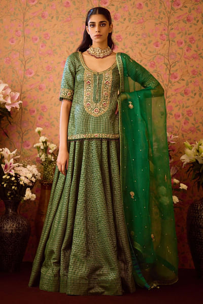Green brocade lehenga set