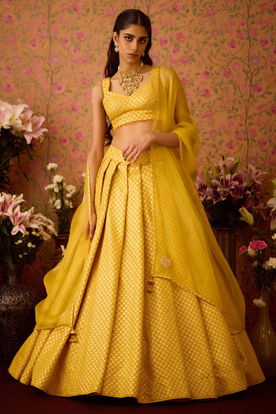 Yellow brocade lehenga set