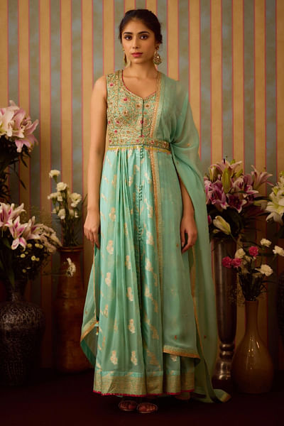 Gray green zardozi embroidered anarkali set