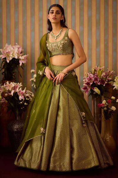Green brocade pleated lehenga set