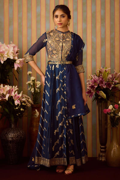 Midnight blue embroidered anarkali set