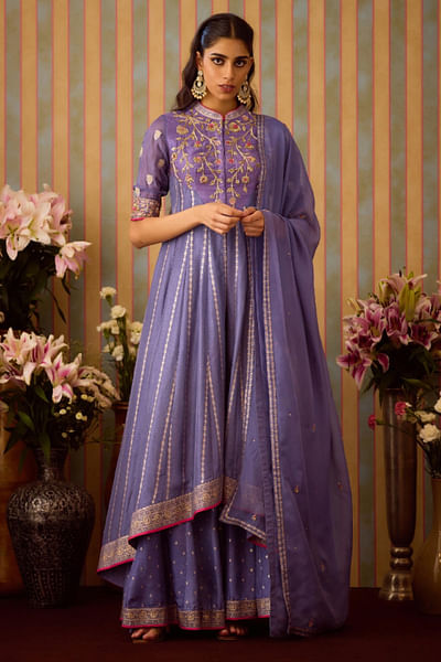 Purple brocade anarkali set