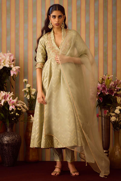 Green zardozi embroidered anarkali set