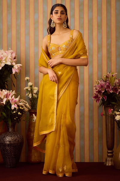 Mustard yellow zardozi embroidered sari set