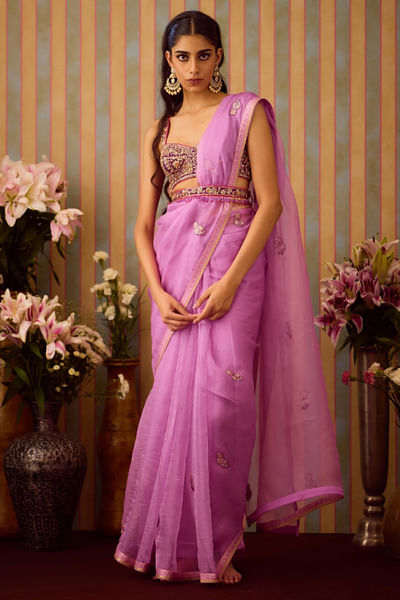 Lilac zardozi embroidered sari set