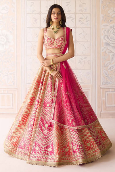 Coral orange and pink embroidered lehenga set