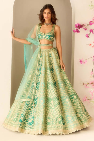Shyam Narayan Prasad Mist and teal green embroidered lehenga set SHYMAY25D127279