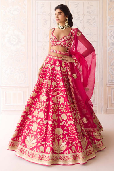 Carmine rose pink floral appliqued lehenga set