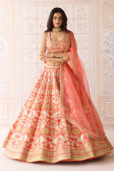 Coral orange floral appliqued lehenga set