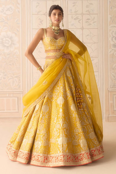 Dandelion yellow floral appliqued lehenga set